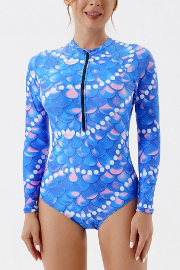 stylish plus size fish scales printing padded zip-up surfing one-piece swimsuit