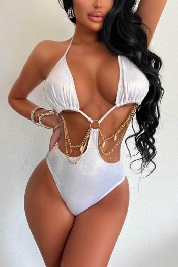 sexy holographic padded hollow metallic chain linked one-piece swimsuit