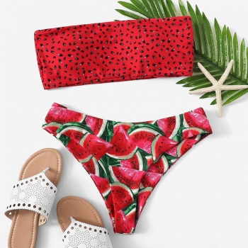 xs-l sexy watermelon graphic printing padded bandeau bikini set