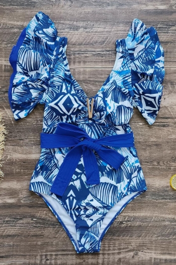 sexy batch printing padded deep v cascading ruffle tie-waist one-piece swimsuit