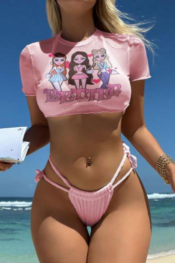 sexy cartoon girls and letter fixed printing padded three-piece swimsuit