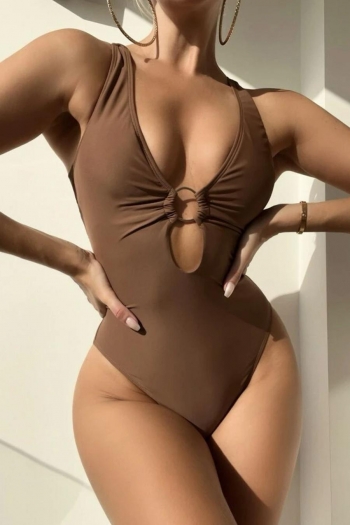 sexy two colors padded deep v ring linked hollow one-piece swimsuit