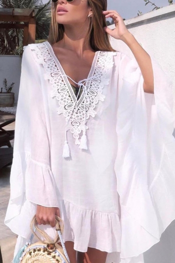 sexy lace stitching v-neck lace-up loose beach cover-up(only cover-up)