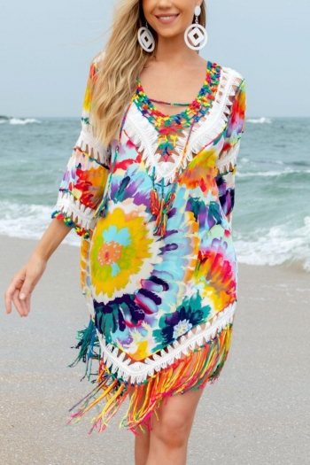 sexy tie dye cut out crochet v-neck tassel beach dress cover-up(only cover-up)