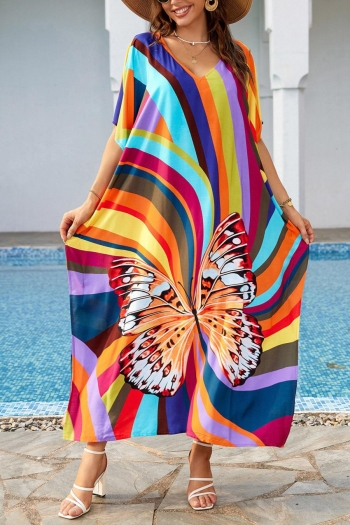 stylish butterfly and stripe printing v-neck loose beach robe cover-up