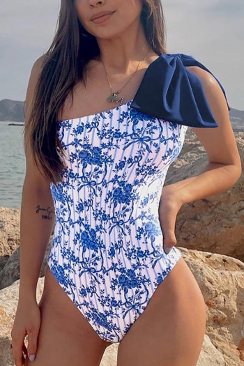 sexy floral and stripe printing padded one shoulder bowknot one-piece swimsuit