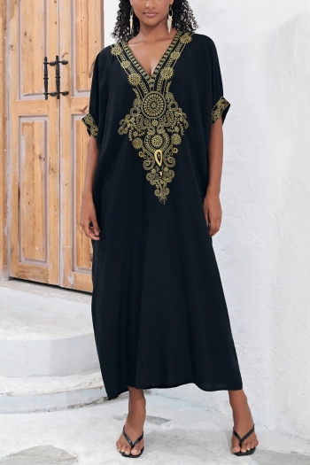 stylish ethnic style v-neck embroidery beach robe cover-up