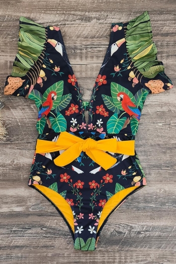 sexy parrot and flower printing padded deep v ruffle one-piece swimsuit