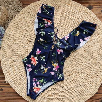 sexy floral batch print padded deep v ruffle backless lace-up one-piece swimwear