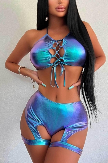 sexy holographic padded halter-neck lace-up hollow tankini set