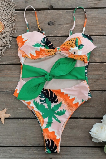 sexy leaf batch printing padded hollow bowknot one-piece swimsuit
