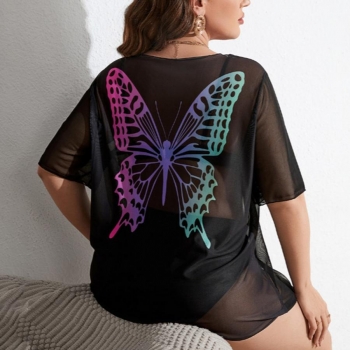sexy plus size see through mesh butterfly fixed printing cover-up(only cover-up)