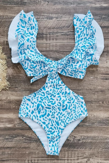 sexy batch printing cascading ruffle hollow one-piece swimsuit