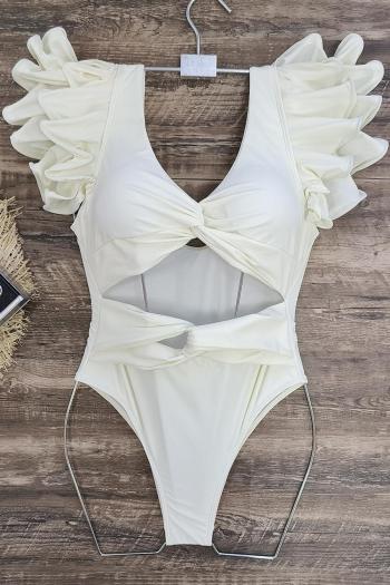 sexy pure color padded hollow ruffle one-piece swimsuit