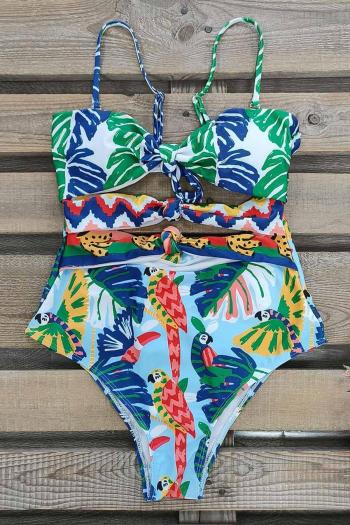 sexy bird printing padded hollow knotted removable straps one-piece swimsuit