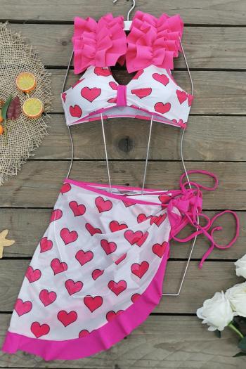 sexy heart graphic printing ruffle mesh skirt three-piece swimwear