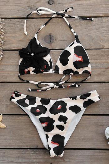 sexy rhinestone decor 3d flower leopard printing halter-neck triangle bikini set