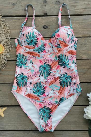 sexy bird and floral batch printing padded underwire one-piece swimsuit