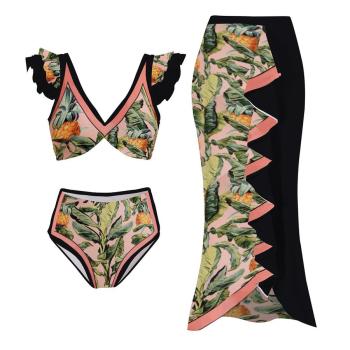 sexy pineapple and leaf printing padded high waist ruffle three-piece swimsuit