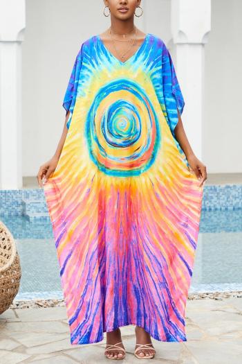 stylish multicolor circle graphic tie dye v-neck loose beach robe cover-up