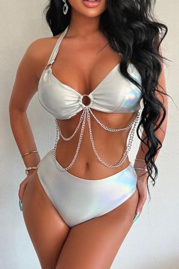 sexy holographic padded metallic chain halter-neck lace-up tankini set