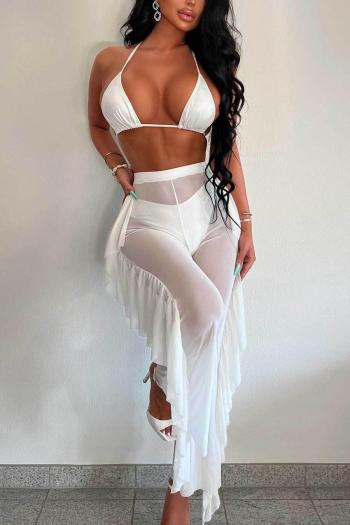 sexy snake holographic padded halter-neck ruffle mesh pants three-piece swimsuit