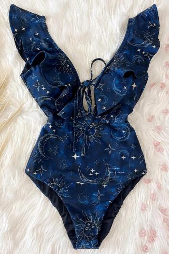 sexy sun and moon graphic batch printing padded ruffle one-piece swimsuit