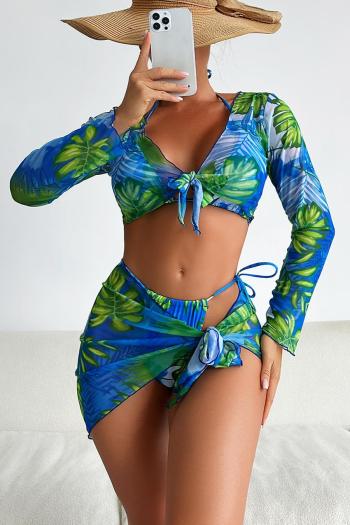 sexy leaf print 2 colors padded see through mesh halter-neck four-piece swimsuit