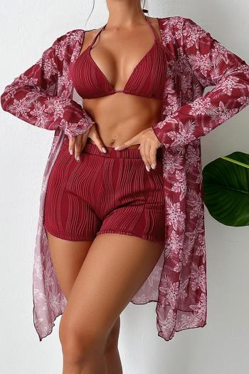 sexy floral batch print padded high waist see through mesh three-piece swimsuit