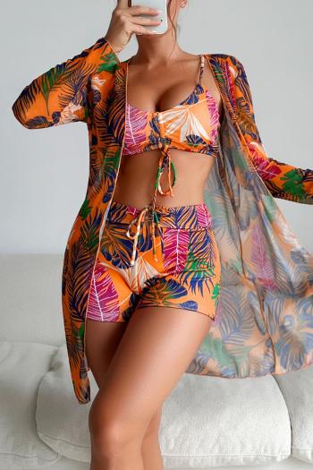 sexy leaf batch printing 3 colors padded see through mesh three-piece swimsuit