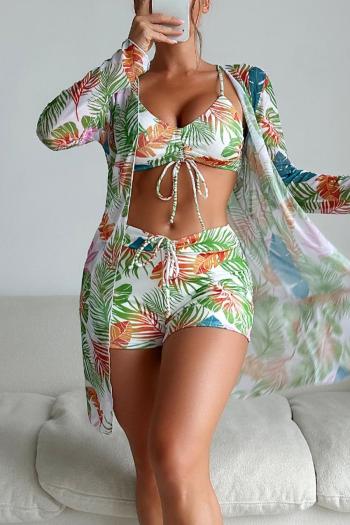 sexy leaf batch printing 2 colors padded see through mesh three-piece swimsuit