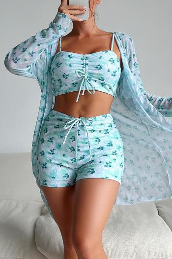 sexy floral batch printing 4 colors padded see through mesh three-piece swimwear