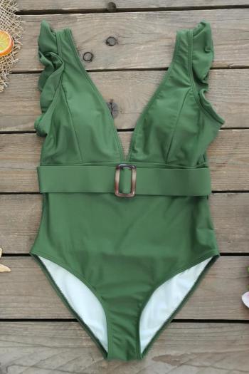 sexy pure color padded deep v ruffle backless one-piece swimwear