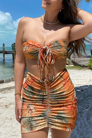 sexy leaf and conch batch printing padded removable straps three-piece swimsuit