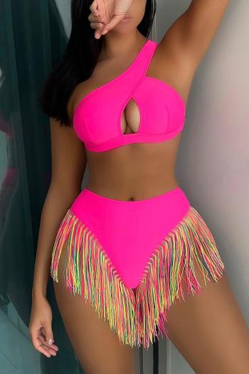 sexy two colors padded one shoulder hollow tassel tankini set