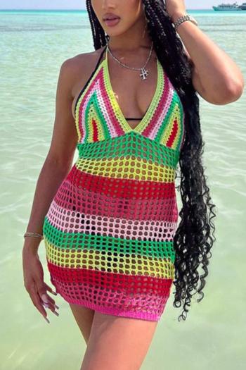 sexy colorblock cut out knitted halter-neck beach dress cover-up(only cover-up)