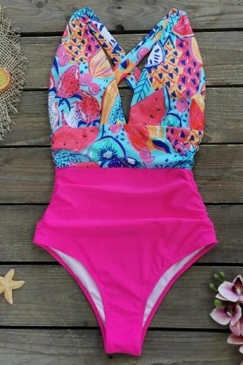 sexy fruit batch print two colors padded deep v halter-neck one-piece swimsuit