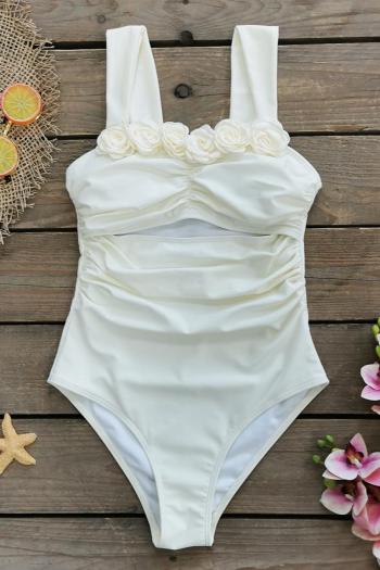 sexy pure color 3d flower decor padded hollow one-piece swimsuit