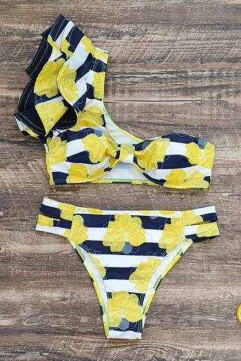 sexy floral and stripe printing padded one shoulder cascading ruffle tankini set