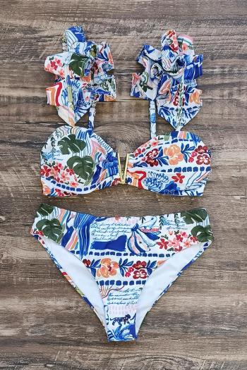 sexy floral and fruit graphic printing padded ruffle tankini set