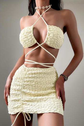 sexy special fabric padded halter-neck drawstring three-piece swimsuit