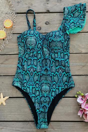 sexy snake printing padded underwire cascading ruffle one-piece swimsuit