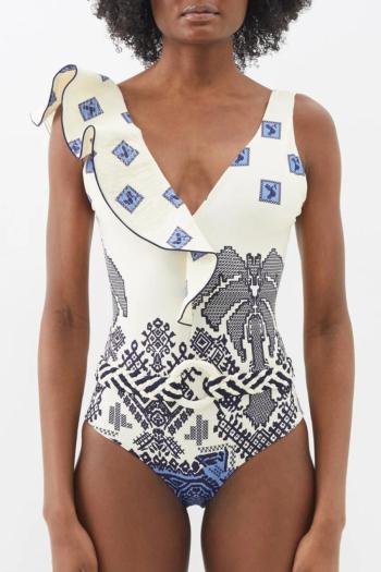 sexy graphic printing padded ruffle deep v backless one-piece swimsuit
