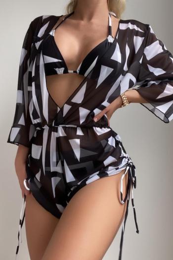 sexy plus size batch printing padded mesh drawstring three-piece swimsuit