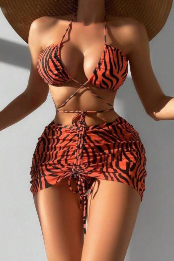 sexy stripe printing padded drawstring three-piece swimsuit