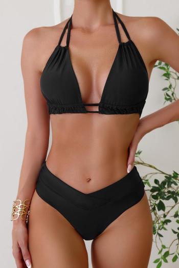 sexy classic solid color padded halter-neck lace-up bikini set