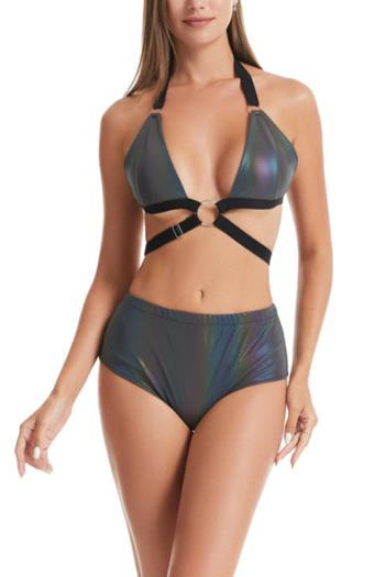 sexy plus size multicolor reflective unpadded halter-neck ring linked bikini set