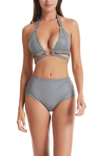 sexy plus size reflective unpadded halter-neck ring linked bikini set