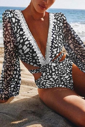 sexy digital printing mesh stitching padded deep v hollow one-piece swimsuit