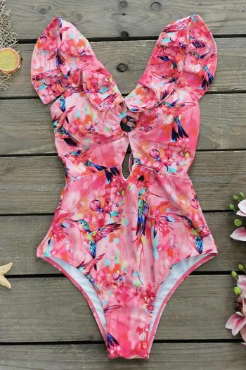 sexy floral and bird graphic printing padded deep v ruffle one-piece swimsuit